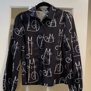 Black Cat Print Button-Up Shirt